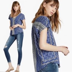 Lucky Brand |‎ Blue Printed Button Front Tee Size Small Boho Aztec